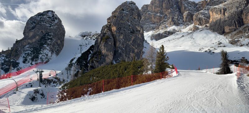 Snow‑covered ski slope in Cortina d’Ampezzo, Dolomites, Italy.